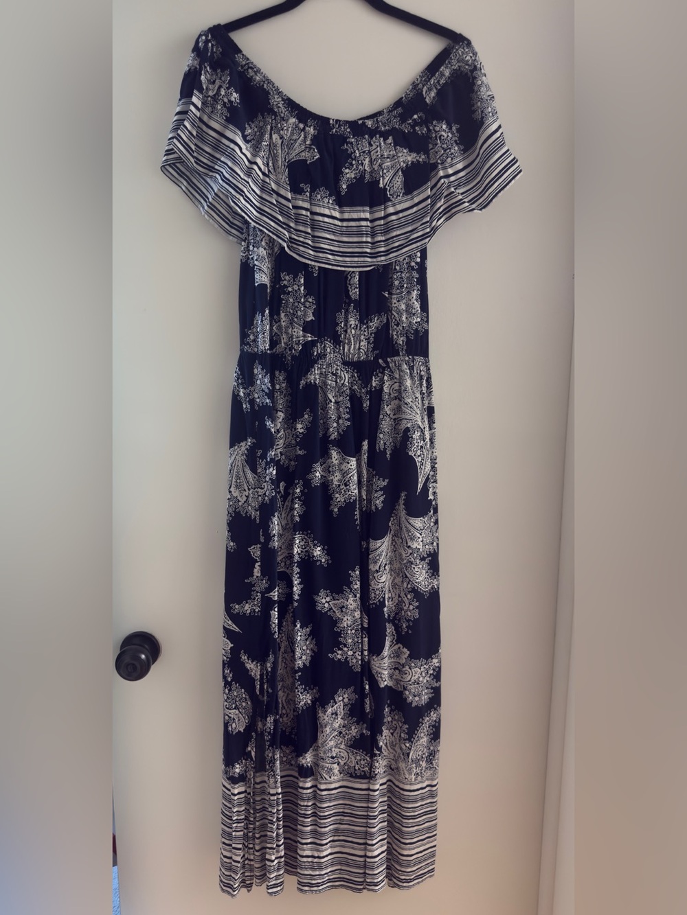 Kori Navy and White Off-Shoulder Paisley Maxi Dress with Striped Trim